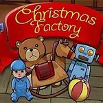 Pluszowy miś, bujany koń, robot, piłka i dziecko w niebieskim ubranku na tle napisu Christmas Factory