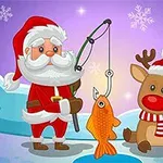 Święty Mikołaj łowiący rybę na wędce, stojący obok renifera w czapce i szaliku, na tle zimowego krajobrazu z płatkami śniegu