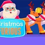 Święty Mikołaj w czapce i czerwonym ubraniu z dwoma reniferami, tłem nocnego nieba i kolorowym napisem Cristmas Furious