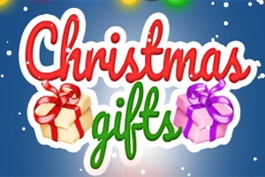Napis Christmas gifts w kolorach czerwonym i zielonym, z dwoma zapakowanymi prezentami z kokardami na kolorowym tle