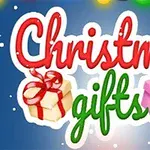 Napis Christmas gifts w kolorach czerwonym i zielonym, z dwoma zapakowanymi prezentami z kokardami na kolorowym tle