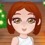 Animowana postać z brązowymi włosami stoi w świątecznym pokoju z choinką i kominkiem