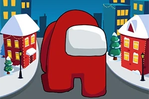 Czerwona postać w stylu kreskówkowym znajduje się na zimowej ulicy otoczonej śnieżnymi domami i latarniami