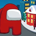 Czerwona postać w stylu kreskówkowym znajduje się na zimowej ulicy otoczonej śnieżnymi domami i latarniami