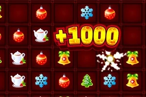 Kolorowa plansza z ikonami świątecznymi, takimi jak bombki, śnieżynki, dzwonki, dzbanuszki i choinki, oraz tekstem +1000 w centrum