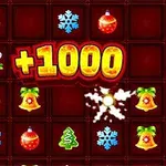 Kolorowa plansza z ikonami świątecznymi, takimi jak bombki, śnieżynki, dzwonki, dzbanuszki i choinki, oraz tekstem +1000 w centrum