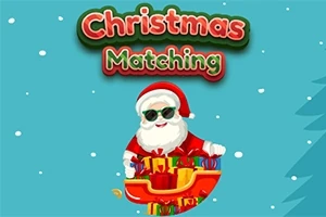 Święty Mikołaj w okularach przeciwsłonecznych trzyma sanie pełne prezentów na tle z napisem Christmas Matching