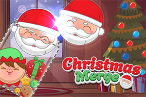 Scena przedstawia świąteczną ilustrację z choinką, świętym Mikołajem w czapkach, elfem, ciasteczkami oraz napisem Christmas Merge
