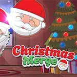 Scena przedstawia świąteczną ilustrację z choinką, świętym Mikołajem w czapkach, elfem, ciasteczkami oraz napisem Christmas Merge