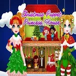 Dwie lalki w świątecznych strojach stoją przed kolorowym domkiem na tle z gwiazdkami i chmurami