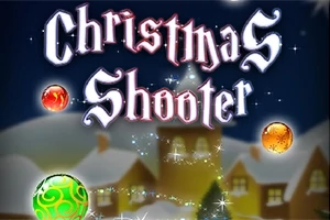Świąteczna grafika z napisem Christmas Shooter, przedstawiająca kuliste, kolorowe ozdoby na tle ośnieżonego miasteczka