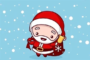 Rysunkowy Święty Mikołaj w czerwonym stroju trzymający dzwonek na tle padającego śniegu