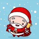 Rysunkowy Święty Mikołaj w czerwonym stroju trzymający dzwonek na tle padającego śniegu