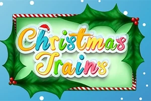 Kolorowy napis Christmas Trains otoczony świątecznymi liśćmi ostrokrzewu i czerwonymi jagodami na niebieskim tle z płatkami śniegu