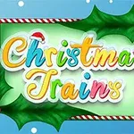 Kolorowy napis Christmas Trains otoczony świątecznymi liśćmi ostrokrzewu i czerwonymi jagodami na niebieskim tle z płatkami śniegu