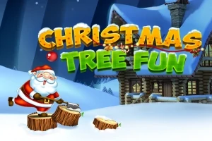 Święty Mikołaj ścina pień drzewa na tle zaśnieżonego domku, z kolorowym napisem Christmas Tree Fun