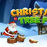 Święty Mikołaj ścina pień drzewa na tle zaśnieżonego domku, z kolorowym napisem Christmas Tree Fun