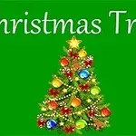 Zielone tło z kolorową, ozdobioną bombkami i gwiazdką choinką oraz napisem Christmas Tree