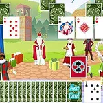 Postacie świąteczne, takie jak Mikołaj, z talią kart na tle jarmarku bożonarodzeniowego