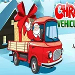 Mikołaj siedzący w czerwonej ciężarówce z prezentem na zaśnieżonym tle z bałwankiem i domkiem