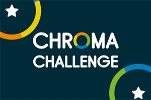 Napis Chroma Challenge na ciemnym tle z kolorowymi okręgami i białymi gwiazdami