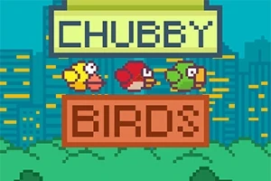 Trzy kolorowe, pikselowe ptaki unoszą się przed napisem CHUBBY BIRDS na tle miasta