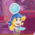 Kreskówkowa postać z blond włosami w niebieskiej chustce, trzymająca talerze w kuchni o różowym wystroju