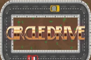 Tor wyścigowy widziany z góry, z żółtym i czerwonym samochodem oraz złotym napisem CIRCLE DRIVE na środku