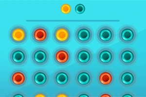 Niebieska siatka z kolorowymi, okrągłymi polami w odcieniach czerwieni, pomarańczu i żółci