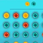 Niebieska siatka z kolorowymi, okrągłymi polami w odcieniach czerwieni, pomarańczu i żółci