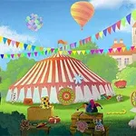 Kolorowy festyn z namiotem cyrkowym, balonami, dekoracjami i zabawkami na trawie w otoczeniu zieleni i budynków