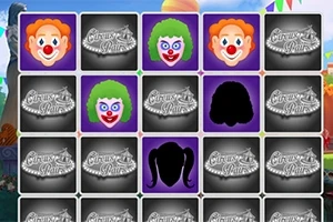 Kolorowe ikony z klaunami i sylwetkami postaci na siatce kwadratów z napisem Circus Life