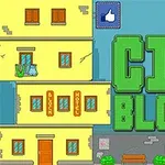 Napis City Blocks obok żółtego budynku z czerwonymi oknami i zielonymi drzwiami na tle niebieskiego nieba