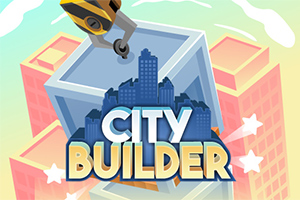 Robotyczne ramię trzymające blok budynku nad stylizowanymi wieżowcami z napisem City Builder