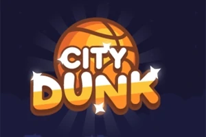 Logo z napisem City Dunk na tle pomarańczowej piłki do koszykówki i ciemnogranatowym tle