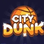 Logo z napisem City Dunk na tle pomarańczowej piłki do koszykówki i ciemnogranatowym tle