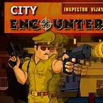 Postać w policyjnym mundurze z pistoletem, tło z ciemnymi budynkami i strzał z karabinu