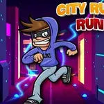 Postać w bluzie z kapturem biegnąca wzdłuż neonowo oświetlonej ulicy miasta, z dynamicznymi liniami sugerującymi ruch, oraz kolorowym napisem City Rush Run