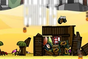 W kreskówkowej scenerii, postać na motocyklu przeskakuje nad zniszczonym drewnianym budynkiem na pustynnym tle