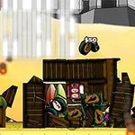 W kreskówkowej scenerii, postać na motocyklu przeskakuje nad zniszczonym drewnianym budynkiem na pustynnym tle