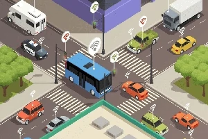 Skrzyżowanie z różnymi pojazdami, takimi jak autobusy, samochody osobowe i radiowozy, wyposażonymi w oznaczenia sygnałów WiFi