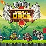 Graficzny ekran z postaciami orków, działami oraz banerem z napisem „Clash of Orcs” na tle lasu