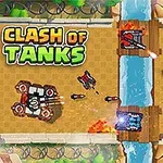 Cztery czołgi strzelające do siebie na mapie z rzeką i mostami, otoczone ognistymi eksplozjami