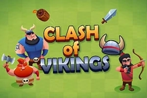 Trzech postaci wikingów na zielonym tle, z toporem, łukiem i hełmem, oraz napisem Clash of Vikings