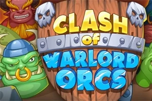 Kolorowa grafika z zielonymi orkami i demonem, z przodu widoczny drewniany szyld z napisem