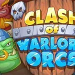 Kolorowa grafika z zielonymi orkami i demonem, z przodu widoczny drewniany szyld z napisem