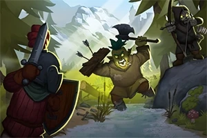 W lesie postać z toporem atakuje, podczas gdy druga z łukiem ukrywa się na skale, a trzecia stoi z tarczą na brzegu strumienia