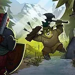 W lesie postać z toporem atakuje, podczas gdy druga z łukiem ukrywa się na skale, a trzecia stoi z tarczą na brzegu strumienia