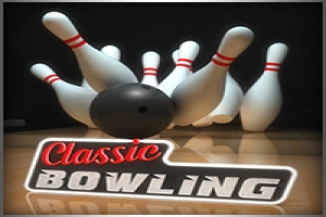 Czarno-biała kula do kręgli uderza w zestaw białych kręgli z czerwonymi paskami, z napisem Classic Bowling na dole