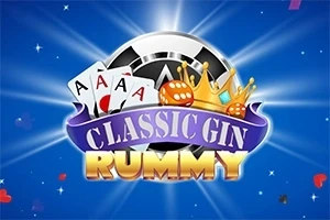 Karty, korona i żetony na tle promieni świetlnych z napisami Classic Gin Rummy